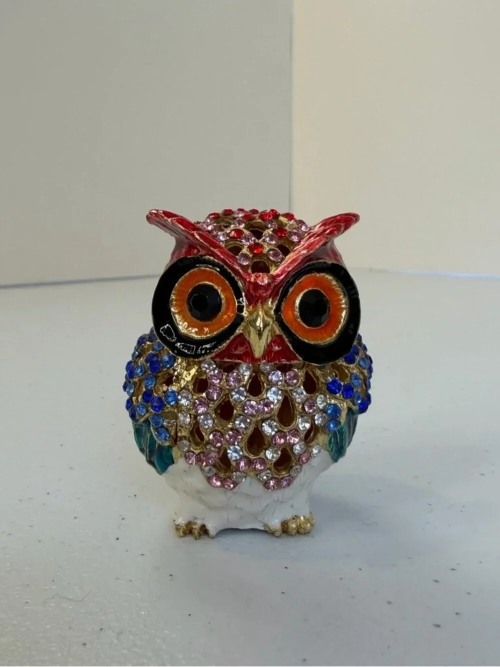 Cloisonné Owl Trinket Box Hinged Jewelry Ring Holder Rhinestone Necklace Red